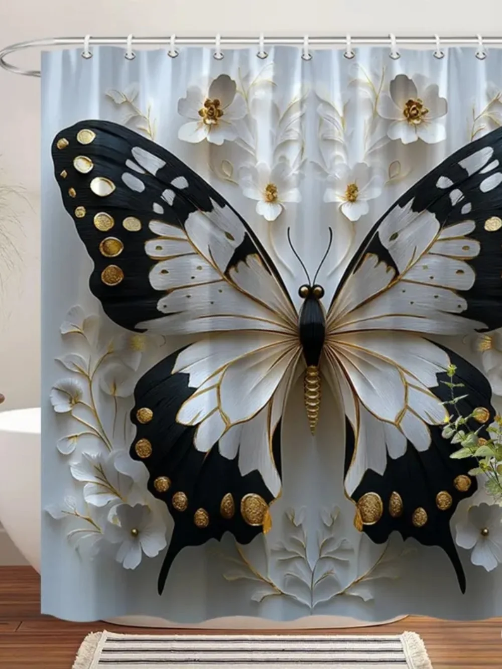 Polychrome Butterfly Shower Curtain - Elegant Black & White Design